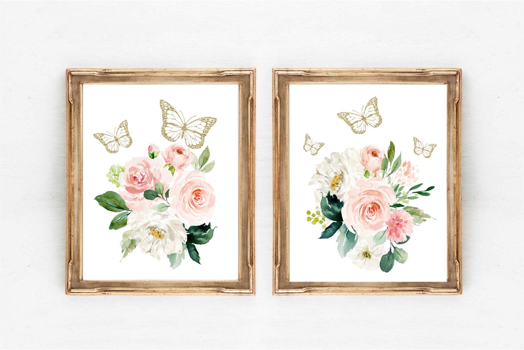 Baby Girl Butterfly Nursery Wall Art, Blush Floral Butterfly Art Set of ...