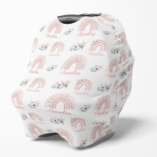 Funda para asiento de coche Boho Floral Arcoíris - Toldo personalizado para asiento de coche de bebé niña, regalo para recién nacida, funda elástica, regalo para baby shower de niña con diseño de arcoíris - CC552