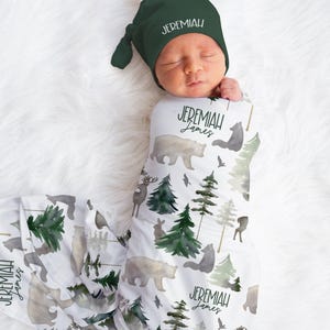 Personalized Woodland Blanket Hat Set -Custom Baby Shower Gift Hospital Name Announcement -Personalized Buck Bear Baby Blanket - SW547