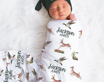 Personalized Hunting Blanket Hat Set -Custom Baby Shower Gift Hospital Name Announcement -Duck Deer Hunting Baby Boy Blanket - SW545