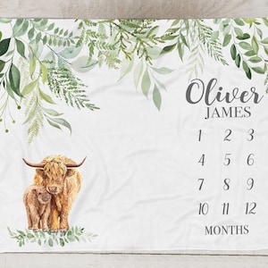 Manta de hito de vaca de las tierras altas, manta personalizada del mes del niño del bebé, manta personalizada del bebé de la granja, regalo de la ducha del campo mamá y vaca del bebéSM551