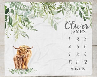 Highland Cow Milestone Blanket, Personalized Baby Boy Month Blanket, Custom Farm Baby Blanket, Country Shower Gift Mom and Baby CowSM551