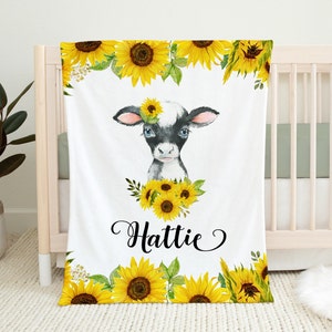 Personalisierte Baby Mädchen Decke -Sunflower Baby Decke -Bauernhof Baby Decke-Namens Decke Babypartygeschenk-personalisiertes Babygeschenk-Baby Kuh