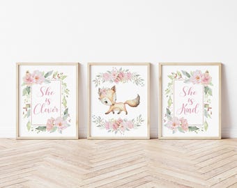 Floral Fuchs Mädchen, Wald Kinderzimmer Poster, 3er-Set, Wald Kinderzimmer Dekor, Fuchs, Kinderzimmer Drucke, Waldkindergarten 579
