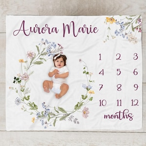 Baby Girl Wildflower Milestone Blanket, Soft Floral Month Blanket, Personalized Baby Girl Blanket,  Baby Shower Gift, Newborn Photo  SM553