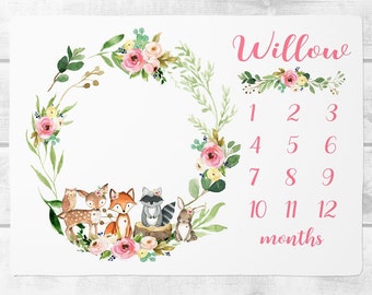 Baby Girl Milestone Blanket, Floral Woodland Baby Month Blanket,  Woodland Animals Blanket, Personalized Baby Girl Blanket, Baby Shower Gift