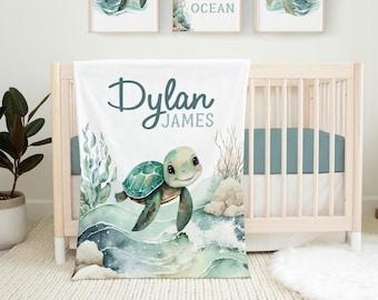 Sea Turtle Baby Blanket- Personalized Baby Boy Blanket Under the Sea Name Blanket - Baby Shower Gift- Custom Baby Gift -Ocean Nursery SB561