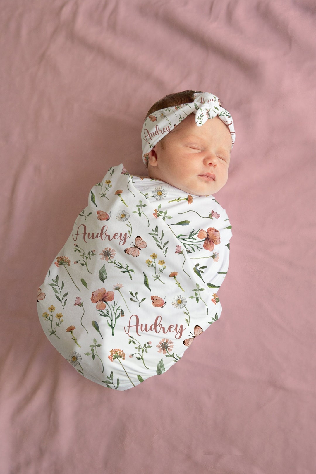 Baby Girl Wildflower Swaddle Set Custom Blanket Headband Set baby