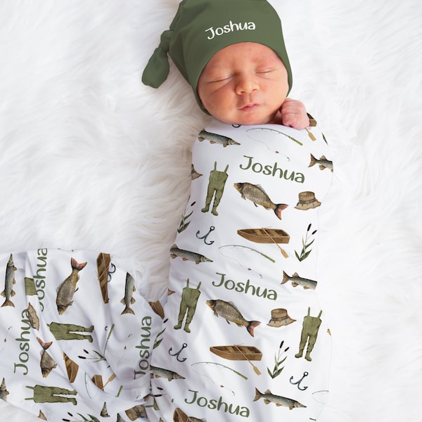 Personalized Fishing Swaddle set -Custom Baby Boy Fishing Blanket Hat Set -Baby Boy Shower Gift  -Hospital Home Outfit -Name Announcement -