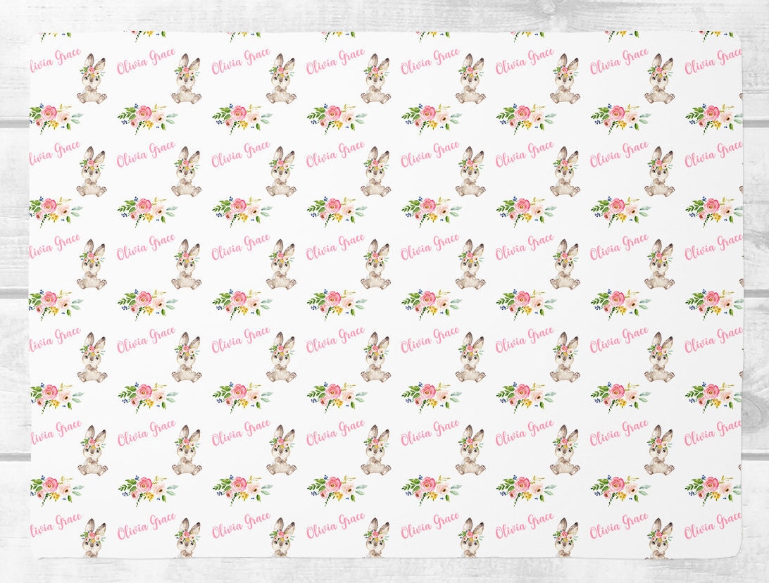 Personalized Baby Girl Blanket - Bunny Floral Baby Blanket - Baby Name Blanket -Baby Shower Gift- Personalized Baby Gift - Easter Gift