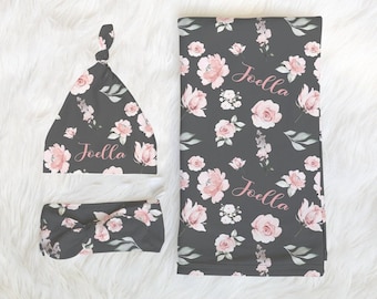 Blush and Grey Floral Swaddle Blanket Headband Hat Set -Custom Baby Shower Gift -Hospital Name Announcement - Personalized Baby Girl Blanket