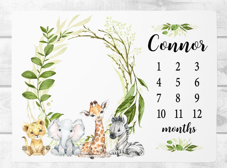 Safari Milestone Blanket Boy, Personalized Baby Boy Blanket, Zoo Animal ...