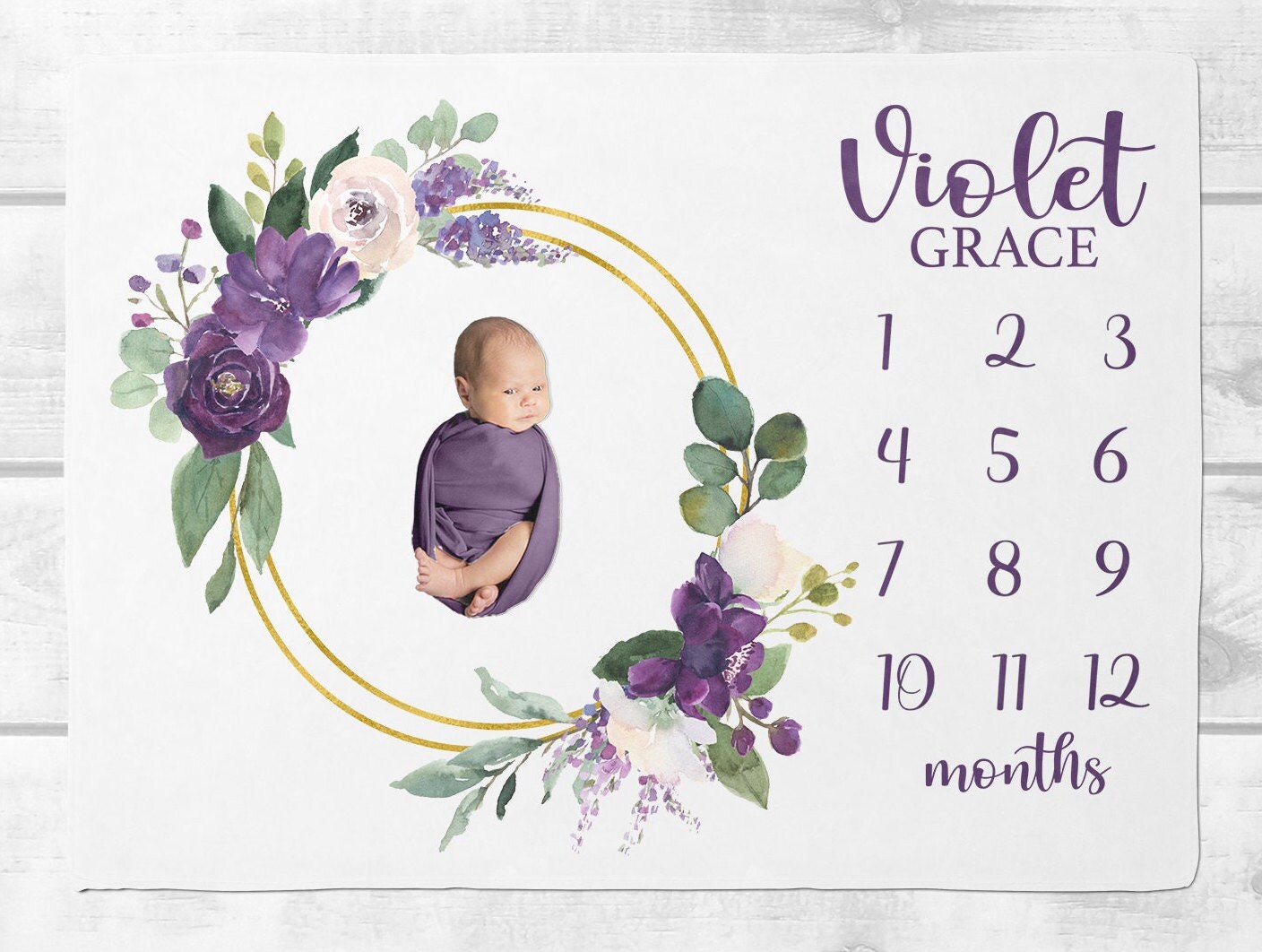 Baby Girl Milestone Blanket, Violet Floral Baby Milestone Blanket,  Personalized Baby Girl Blanket, Custom Month Blanket, Shower Gift SM111