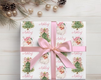 Vintage Pink Santa Personalized Christmas Wrapping Paper Personalized Gift Wrapping Paper Custom Gift wrap With Name, Coquette aesthetic H02