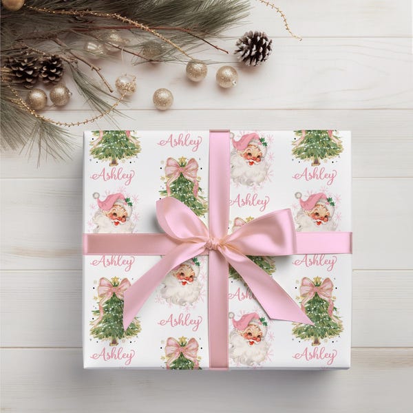 Vintage rosa julklappspapper med personligt namn, personligt presentpapper, presentpapper med namn, kokett estetik H02