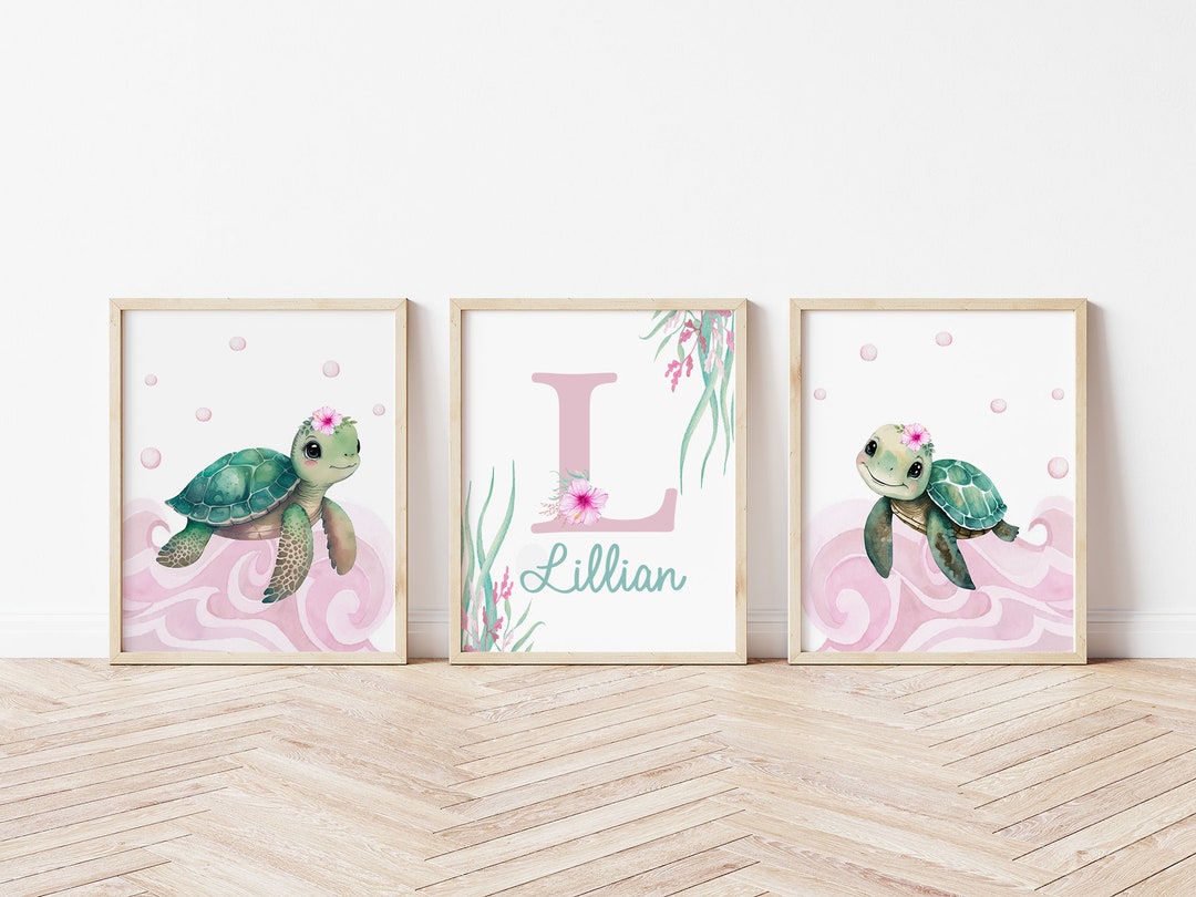Baby Girl Sea Turtle Nursery Wall Art, Under the Sea Art - Set of 3 ...