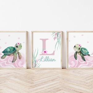 Baby Girl Sea Turtle Nursery Wall Art, Under the Sea Art - Set of 3 Ocean Nursery Art Prints Personalized Wall Art Set of Digital Prints 562