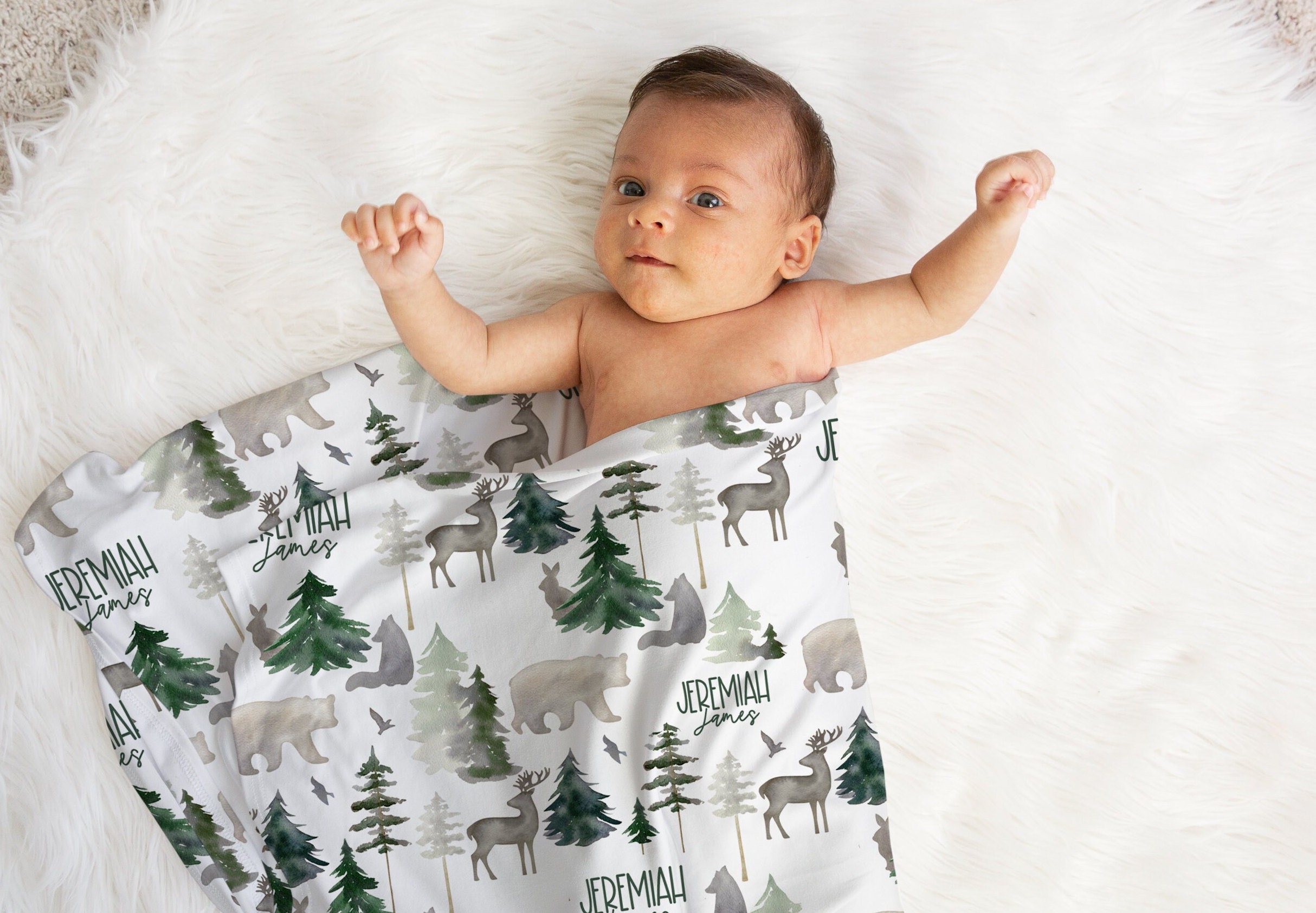 Personalized Woodland Blanket Hat Set -Custom Baby Shower Gift Hospital Name Announcement -Personalized Buck Bear Baby Blanket - SW547
