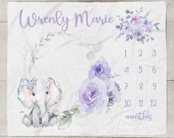 Baby Girl Elephant Milestone Blanket, Lavender Floral Month Blanket Personalized Baby Girl Blanket Safari Baby Gift Newborn Photo Prop SM563