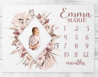 Baby-Meilenstein-Decke, Boho Blumen-Baby-Meilenstein-Decke mit, personalisierte Baby-Decke, benutzerdefinierte Monat Decke, Babypartygeschenk