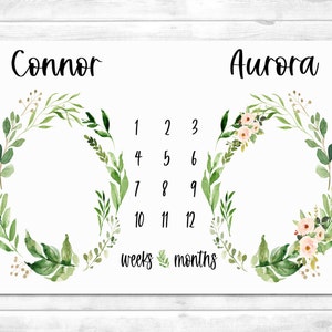 Twin Milestone Blanket with Greenery Wreaths,  Boy Girl Twin Milestone Blanket, Personalized Baby Shower Gift for Mixed Gender Twins STM174