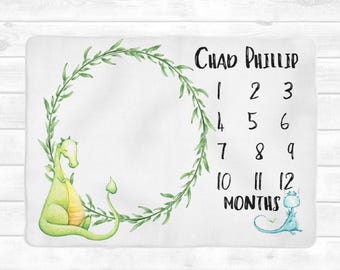 Dragon Milestone Blanket Boy / Baby Monthly Growth Tracker / Personalized Baby Blanket Boy Dragon Blanket Custom Swaddle Receiving Blanket