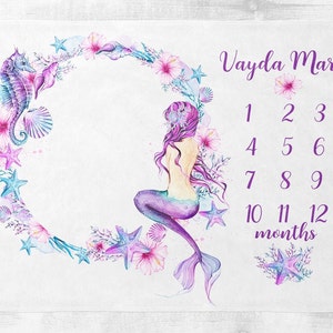 Manta de hito para niña - Manta de sirena floral - Vivero de sirena de manta de bebé mensual - Púrpura turquesa - Regalo personalizado para recién nacidos