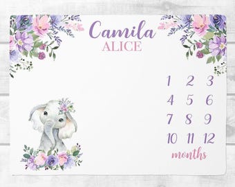 Baby Girl Milestone Blanket with Elephant, Lavender Floral Baby Month Blanket, Personalized Baby Shower Gift, Bunny Baby Blanket with Name