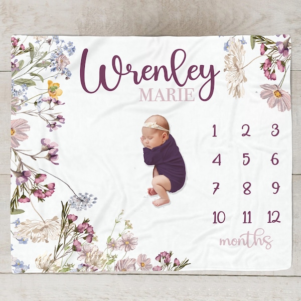 Baby Girl Wildflower Milestone Blanket, Lavender Floral Month Blanket, Personalized Baby Girl Milestone Blanket, Baby Shower Gift, 553B