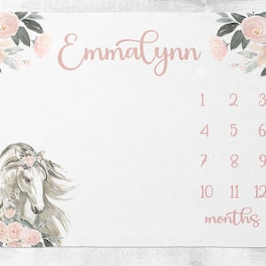 Baby Mädchen Meilenstein Decke, Blumen Pferd Monat Decke, personalisierte Baby-Mädchen-Decke, neue Mutter-Dusche-Geschenk Wachstumsspur, Photo Prop SM548