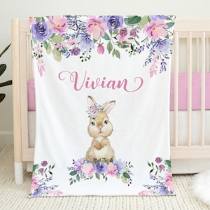 Personalized Baby Girl Blanket - Bunny Baby Blanket - Baby Name Blanket -Baby Shower Gift-Personalized Easter Baby Gift -Floral Baby Blanket