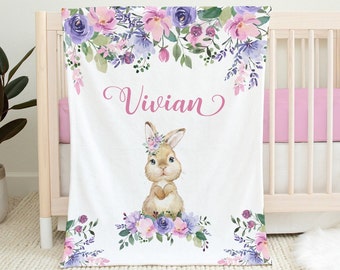 Manta personalizada para niña - Manta de conejito - Manta con nombre - Regalo para baby shower - Regalo personalizado de Pascua - Manta floral