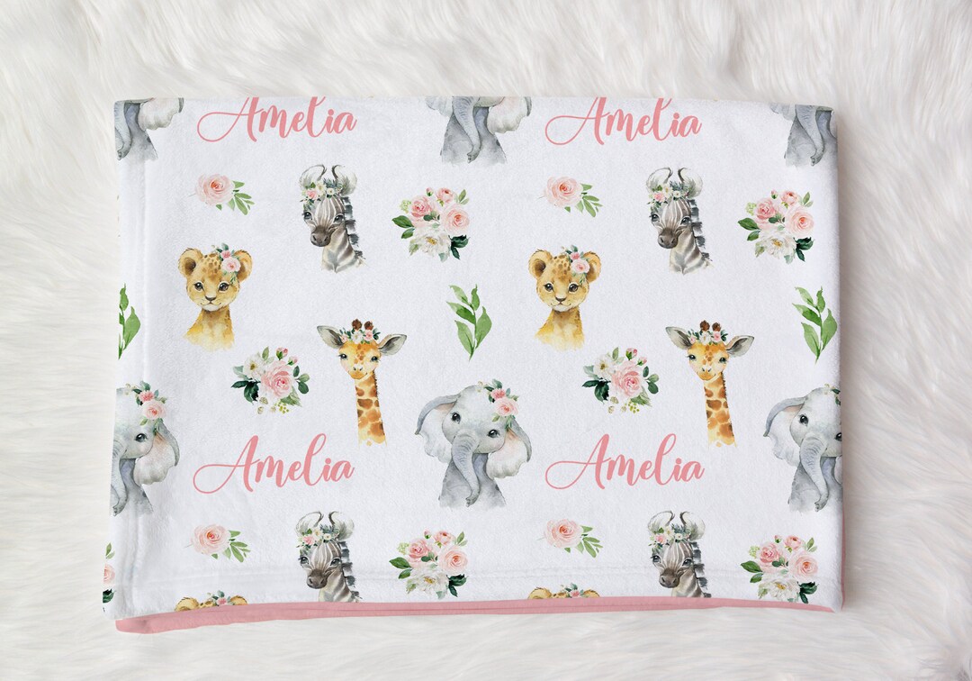 Personalized Baby Girl Blanket With Name -blush Floral Safari Animals ...