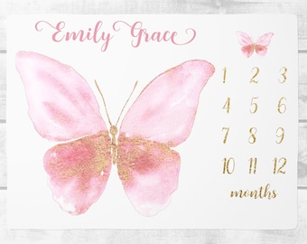 Baby Girl Butterfly Milestone Blanket, Personalized Baby Blanket,  Butterfly Growth Tracker Blanket, Personalized Baby Shower Gift,