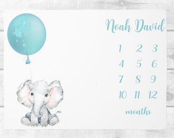 Baby Boy Milestone Blanket- Personalized Elephant Balloon baby blanket- Personalized Baby blanket Baby shower gift Monthly Milestone Blanket