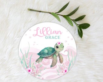 Girl Sea Turtle Name Sign, Sea Turtle Room Decor, Round Wood Sign, Ocean Themed Name Announcement, Personalized Name plaque,Shower Gift S562