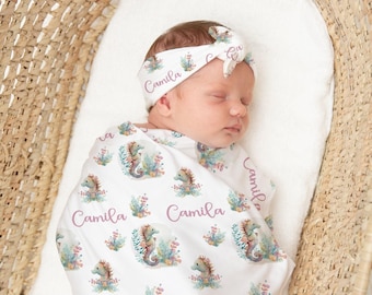 Seahorse swaddle set- Personalized Under the sea Blanket Headband Set -Baby Shower Gift Name Announcement -Personalized Baby Girl Swaddle
