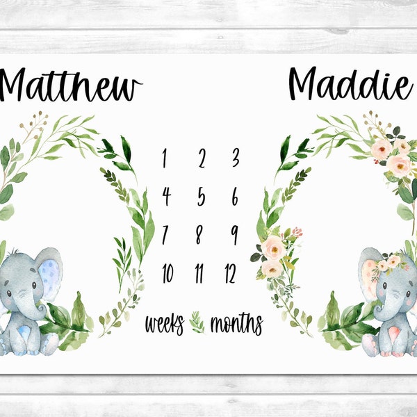 Twin Milestone Blanket with Elephants,  Boy Girl Twin Milestone Blanket with greenery, Personalized Baby Shower Gift for Mixed Gender Twins