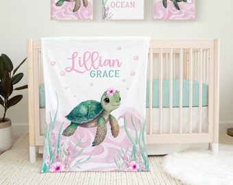 Girl Sea Turtle Blanket with Name, Personalized Baby Girl Blanket, Custom Toddler Girl Ocean Blanket with name, Under the Sea Bedding  SB562