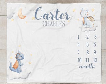Baby Dragon Milestone Blanket, Baby Milestone Blanket with Dragons, Personalized Baby Blanket,  Baby Month Blanket, Baby Dragon Shower Gift