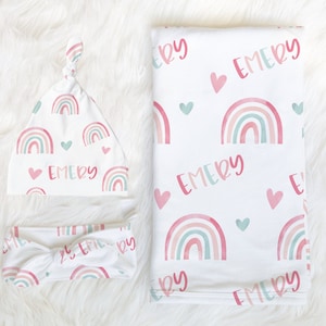 Rainbow Swaddle Blanket Headband Hat Set -Personalized Baby Shower Gift - Hospital Newborn Photos - Personalized Baby Girl Blanket-