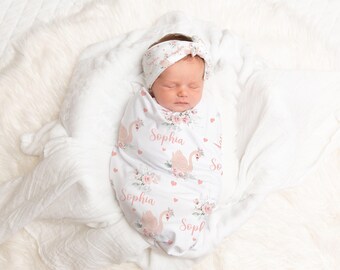 Personalized Floral Swan swaddle set- Blush Floral Baby Girl Blanket With Name -Baby Shower Gift Name Announcement -Custom Newborn  SBS906