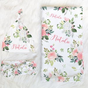 Pink Floral Swaddle Blanket Headband Hat Set -Personalized Baby Shower Gift - Hospital Name Announcement - Personalized Baby Girl Blanket
