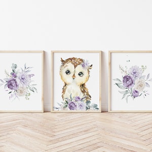 Purple Floral Owl Wall Art, Baby Girl Nursery Wall Art, Owl Nursery Decor, Floral  Prints, Girls Room Decor, Woodland Nursery Prints-575