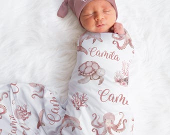 Baby Girl Ocean Swaddle Set - Personalized Baby Girl Under the Sea Themed Swaddle Blanket Headband Set -Pink Ocean Coming Home outfit W611
