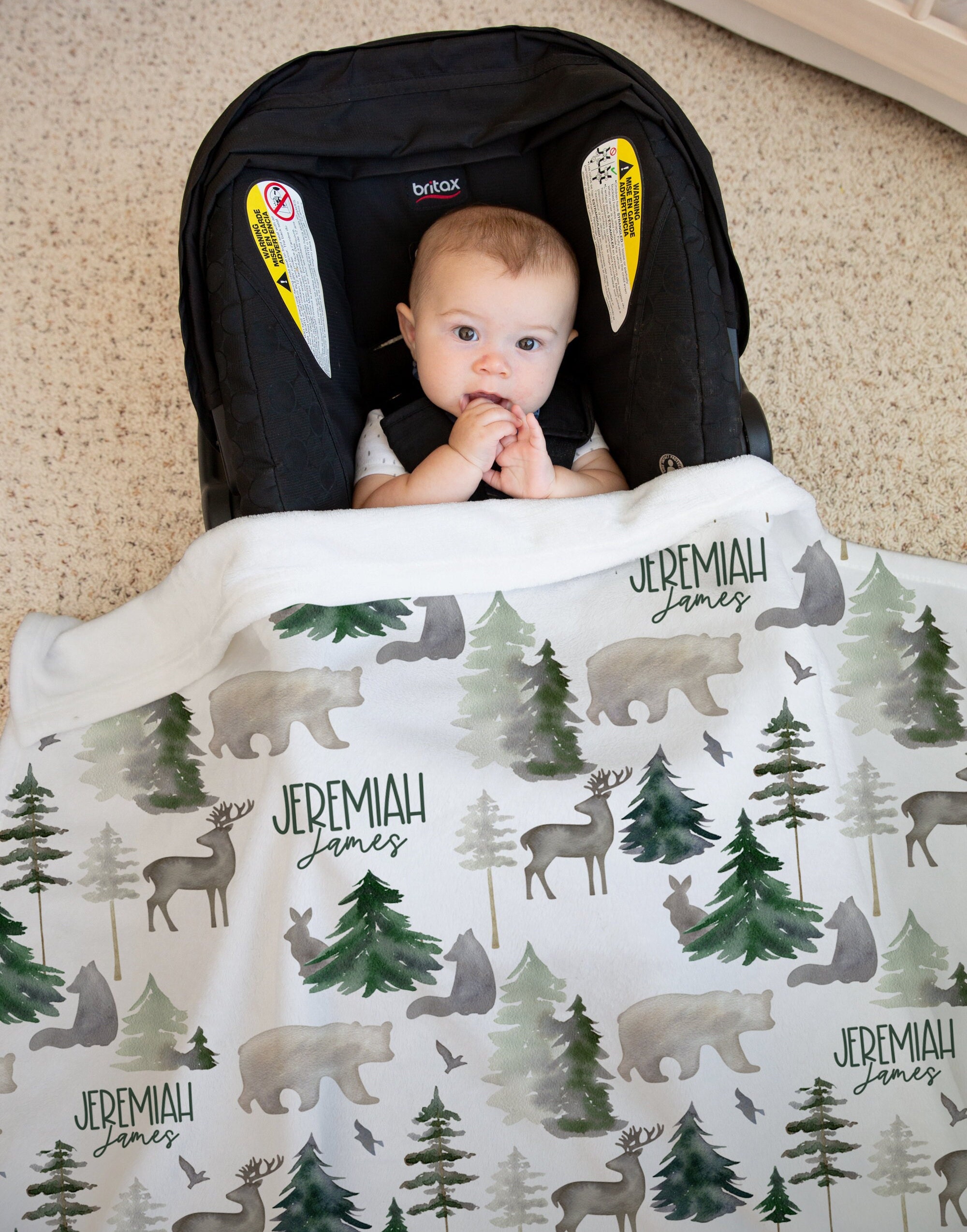 Personalized Woodland Blanket Hat Set -Custom Baby Shower Gift Hospital Name Announcement -Personalized Buck Bear Baby Blanket - SW547