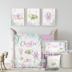 Oceaan wieg beddengoed set - babymeisje onder de zee kwekerij beddengoed - zeeschildpad beddengoed set - gepersonaliseerde kwekerij decor octopus zeepaardje 576