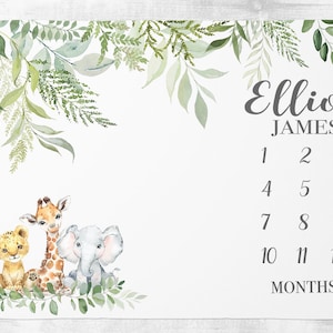Safari Milestone Blanket Boy, Manta personalizada para bebés, Manta para bebés Safari Animal, Manta personalizada, Regalo para bebés, Regalo de baby shower SM114