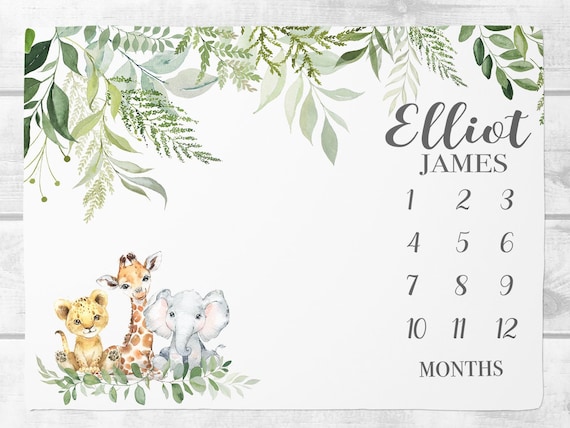 Safari Milestone Blanket Boy, Personalized Baby Boy Blanket, Safari Animal baby Blanket,  Custom Blanket, Baby Gift, Baby Shower Gift SM114