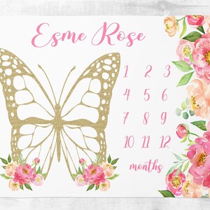 Floral Butterfly Milestone Blanket Girl, Golden Butterfly Month Blanket, Personalized Baby Girl Blanket , Baby Shower Gift, Photo Prop
